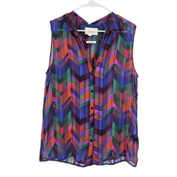 ba&sh Shirt Top Multicolor Chevron Print Sleeveless Button Up Semi-Sheer Size L - Picture 1 of 8